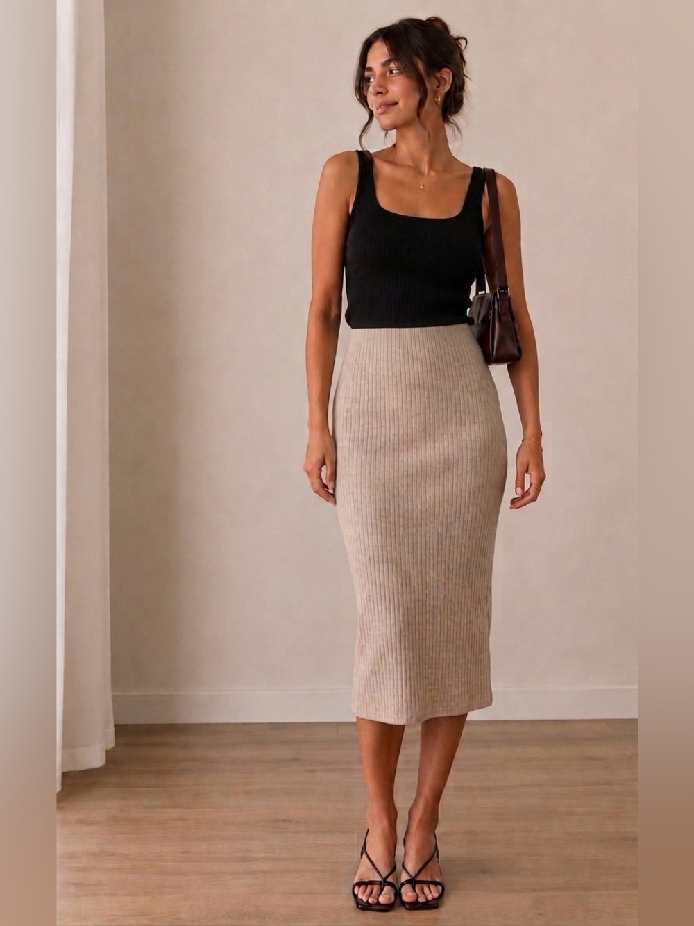 Zara Ribbed Midi Skirt - Beige, Size Medium